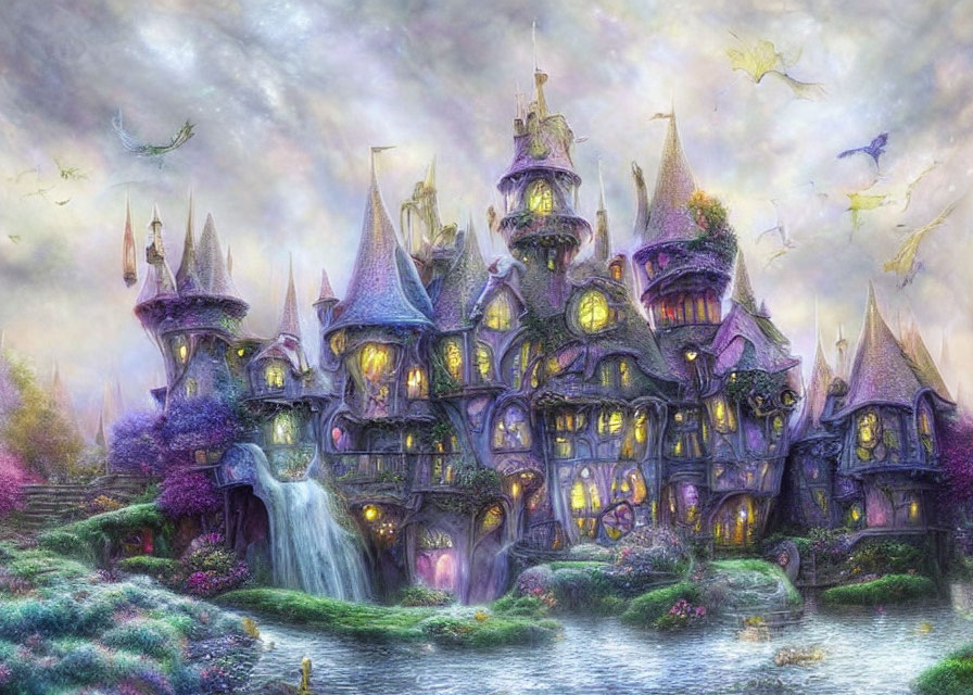 Whimsical glowing castle in magical landscape with waterfall