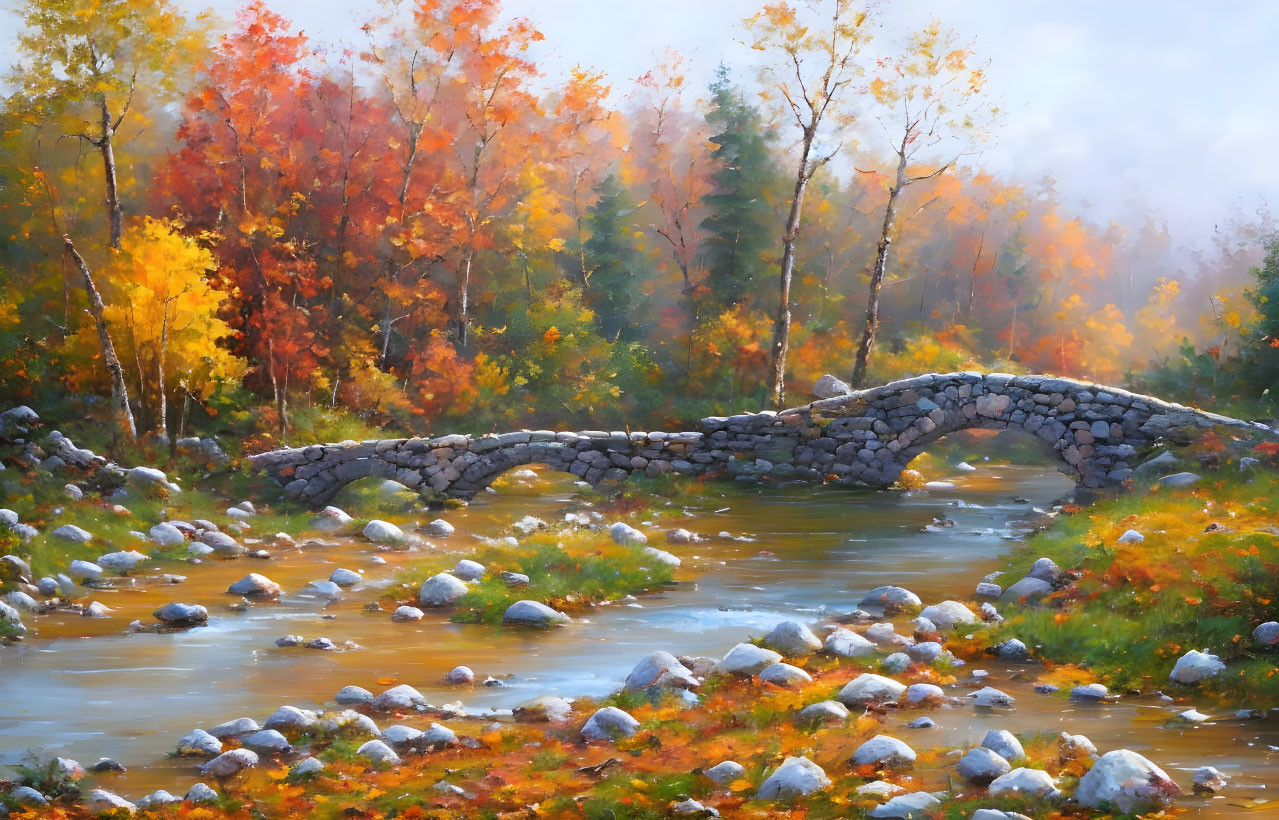 Stone bridge over stream in misty autumn landscape