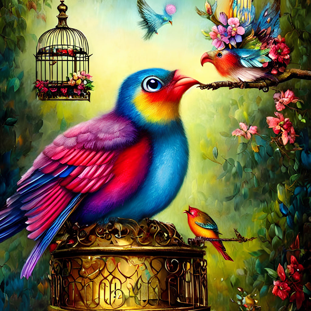 Colorful Bird Painting with Blue and Rainbow Feathers, Small Bird on Branch, and Open Birdc