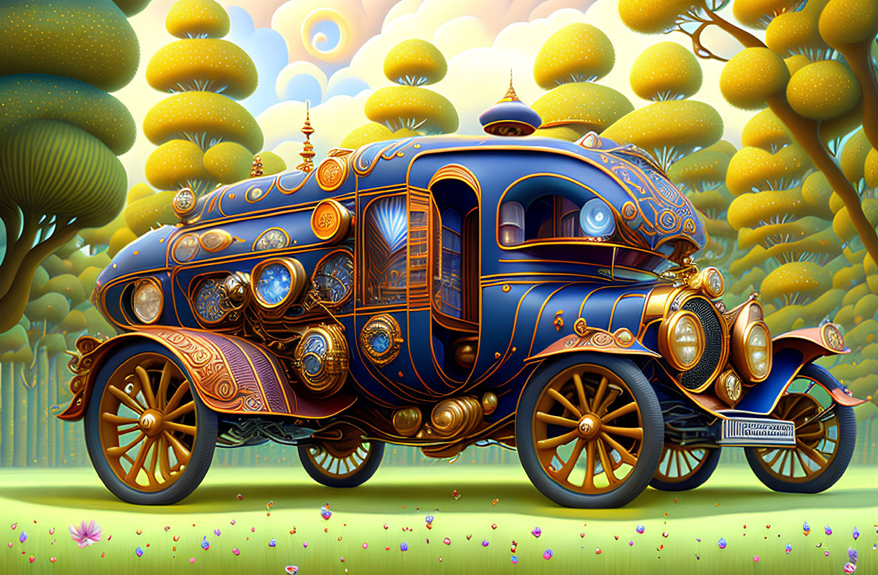 Ornate blue and gold fantasy train illustration with intricate patterns