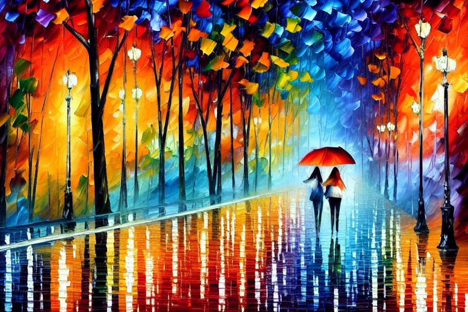Colorful Painting: Two People Walking with Red Umbrella in Rainy Scene