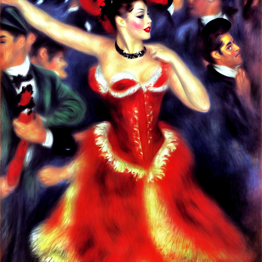 Colorful painting: Woman in red dress dancing with admirers in festive scene