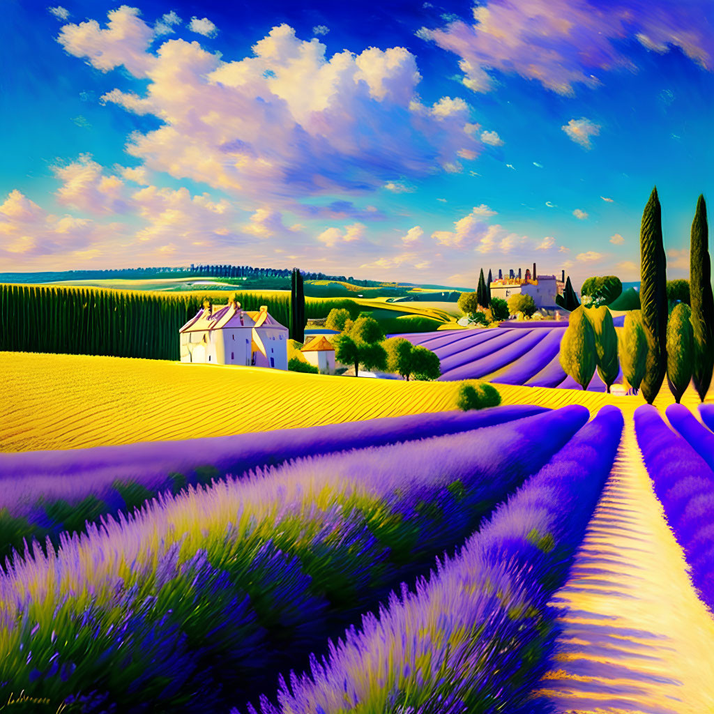Colorful rural landscape with lavender fields, farmhouse, and castle.