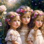 Three young girls with floral wreaths in their hair in a garden of blooming roses