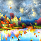 Colorful village scene with whimsical houses and trees reflected in water