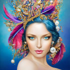 Colorful feathered headgear and striking blue eyes in digital portrait