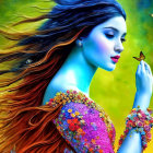 Colorful digital painting of a woman with auburn hair and butterfly in dreamy setting