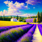 Colorful rural landscape with lavender fields, farmhouse, and castle.