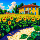 Colorful Tuscan Landscape with Sunflowers, Villa, and Cypress Trees
