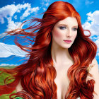 Digital Portrait of Woman with Red Hair and Blue Eyes Against Blue Sky