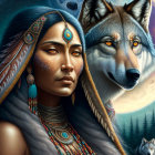 Digital artwork: Woman with Native American features and mystical wolf under starry night sky