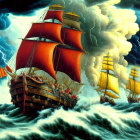 Stormy seascape with two sailing ships under red and yellow sails.