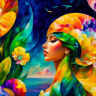 Colorful woman portrait with floral headdress in profile against surreal sunset seascape.