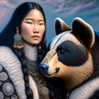 Illustrated portrait of woman and bear with traditional jewelry under moonlit sky