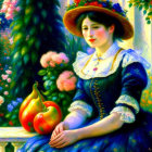 Vintage attire woman with gourd and colorful flowers in garden