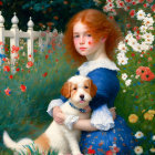 Curly-haired girl in blue dress with puppies in flower garden