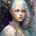 Portrait of young girl with blue eyes, blonde hair, floral dress, and dreamy aura