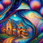 Fantasy village painting with glowing trees and celestial skies