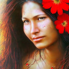 Woman with serene expression and red flowers against warm background