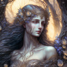 Mystical woman with long hair and golden jewelry among luminescent leaves