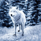 White wolf in snowy forest landscape with fir trees and light snowfall