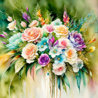 Colorful digital painting of assorted pastel flowers on abstract background