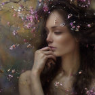 Serene woman with flowers and butterflies in contemplative setting