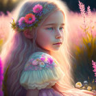 Young girl with floral crown in pink flower field at golden hour