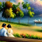 Vintage-dressed couple on bench by serene lake with boats and mountains