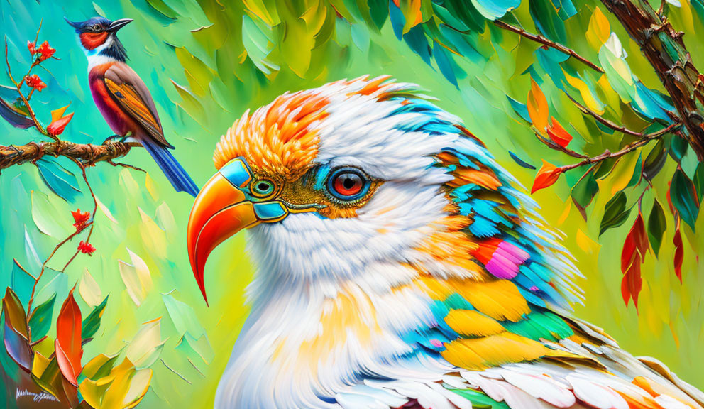 Colorful Whimsical Bird Painting with Vibrant Feathers and Lush Foliage