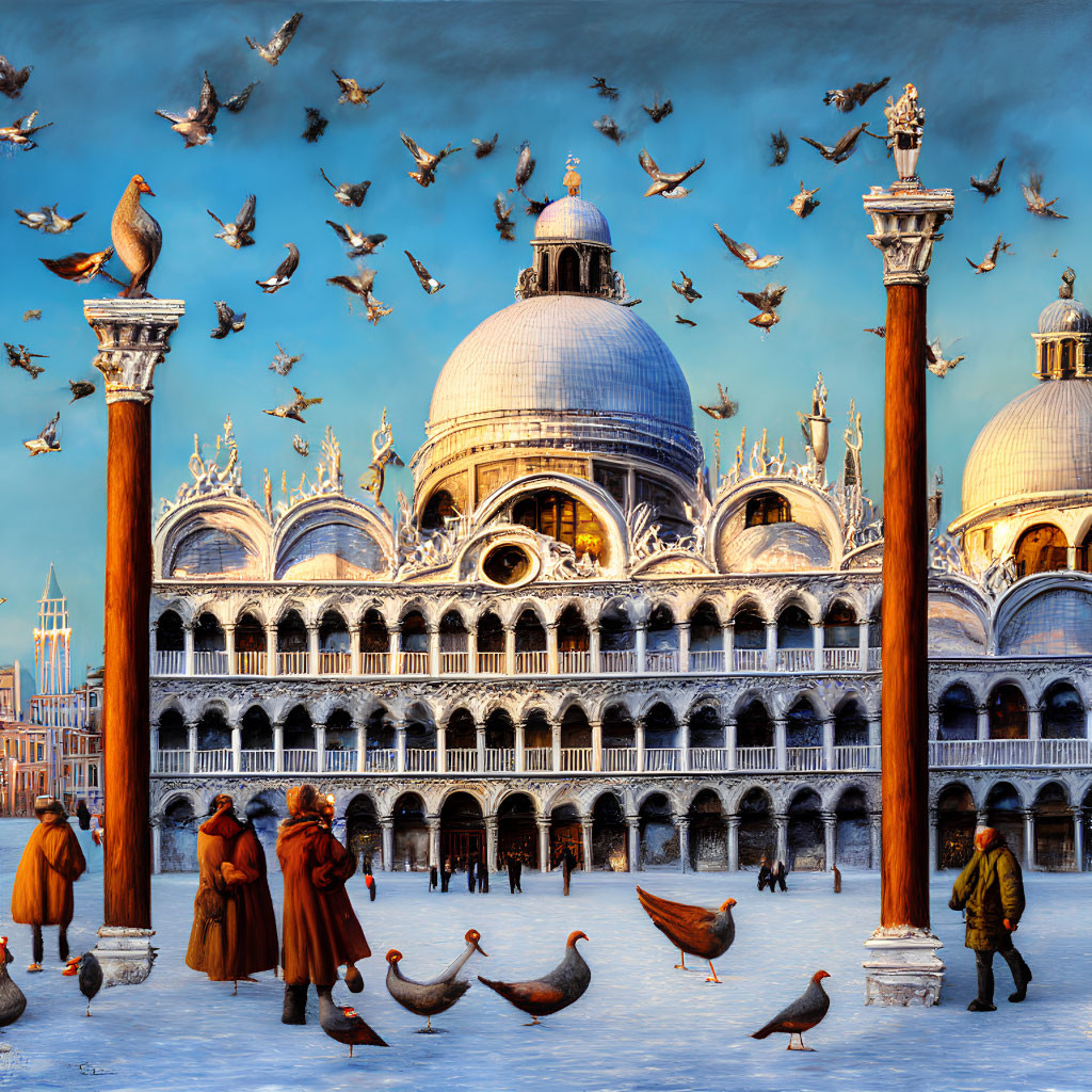 Byzantine architecture and pigeons in flight at Piazza San Marco