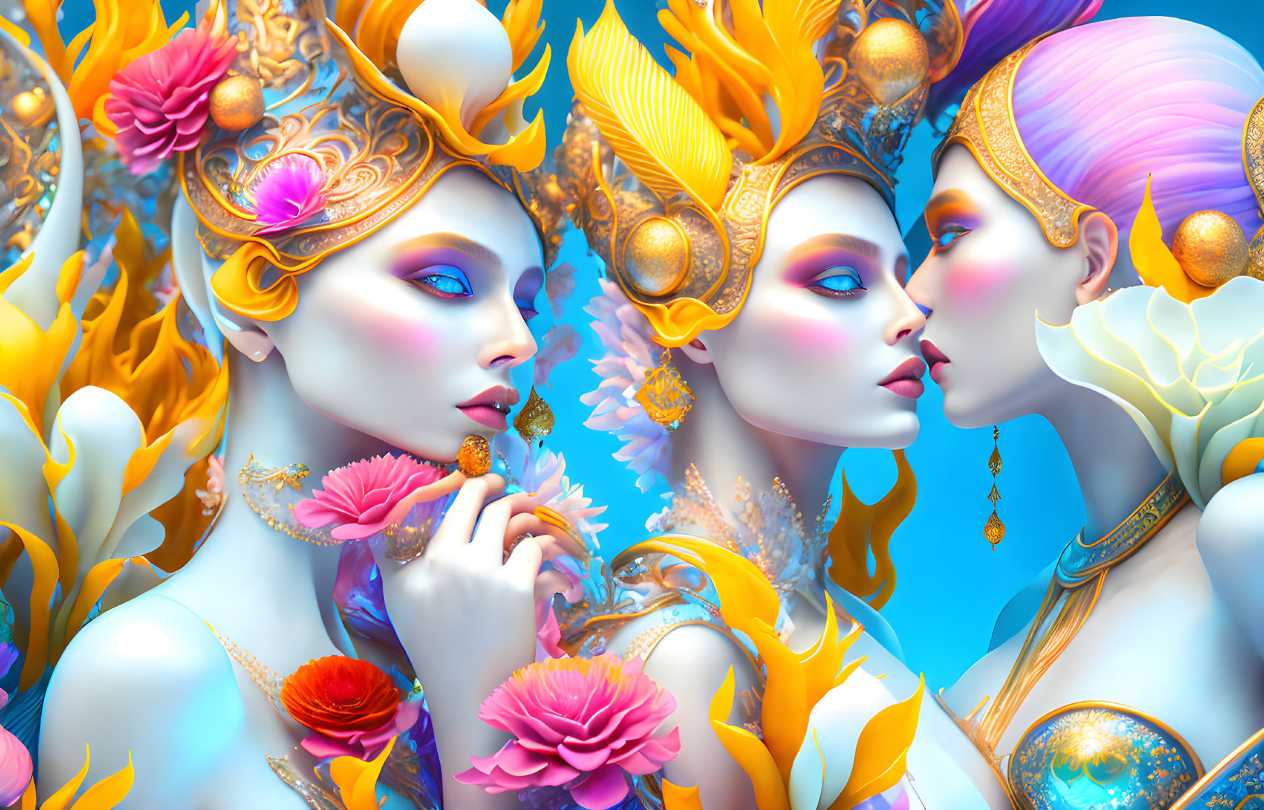 Colorful fantasy characters with golden headpieces and floral adornments on blue background