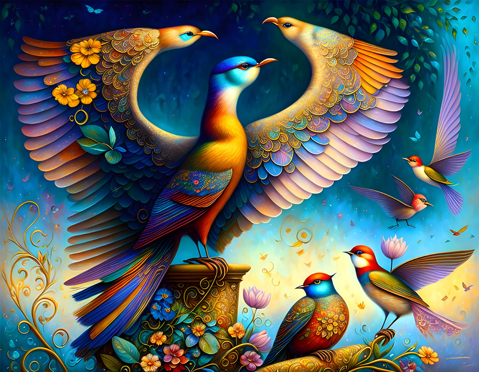 Vibrant peacock and bird artwork on blue background