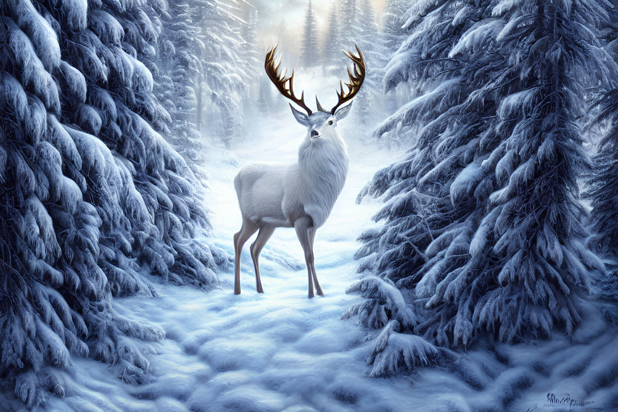Majestic white stag with large antlers in snowy forest