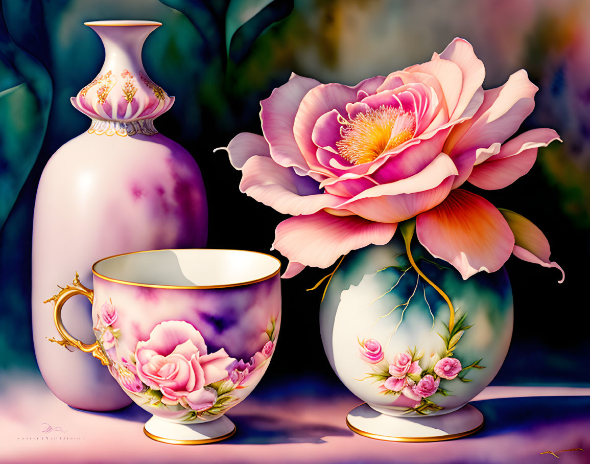 Colorful digital artwork featuring pink rose motifs on teacup, vase, and ornament against a dream