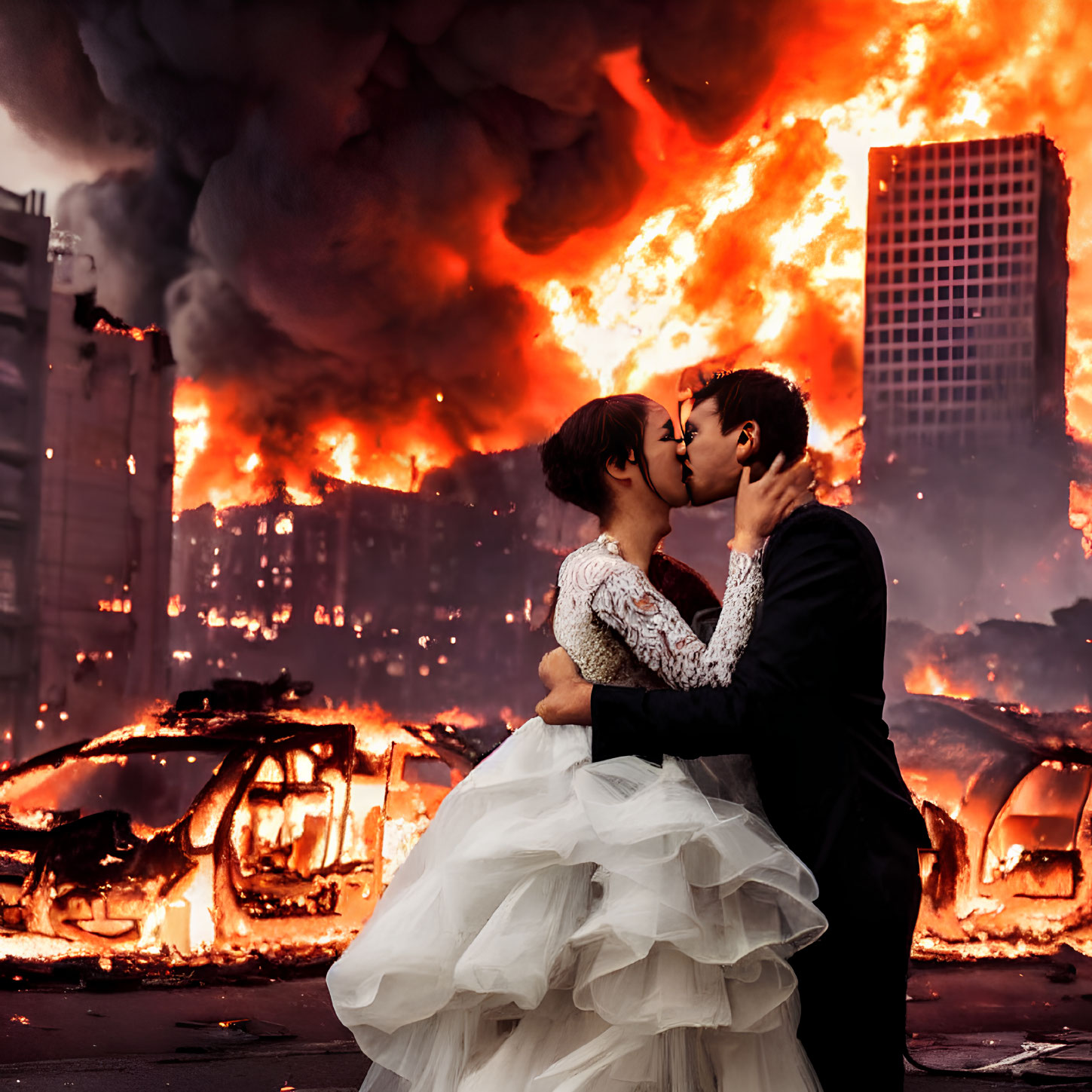 Passionate kiss amidst chaotic fires and destruction.