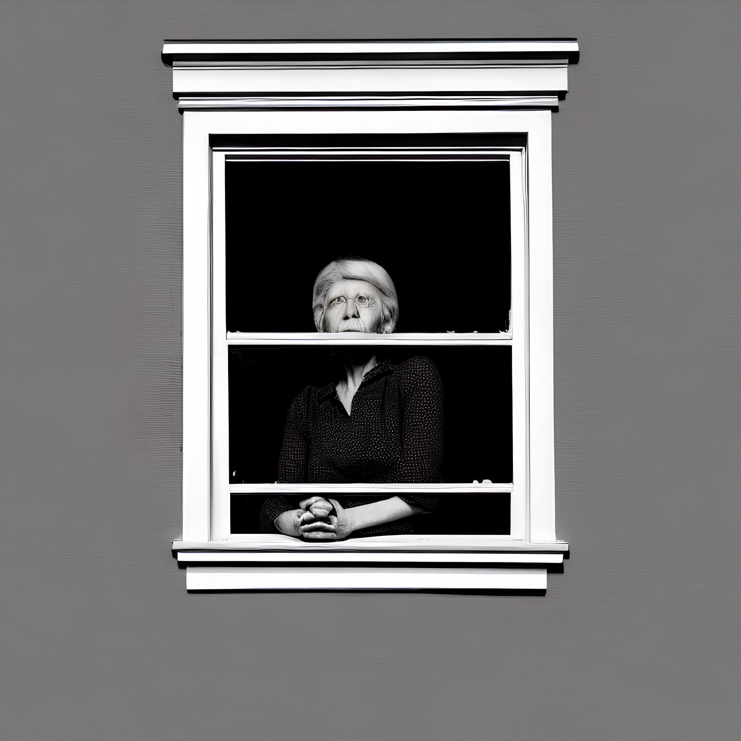 Blonde Elderly Woman in Dark Blouse Looking Out of Window