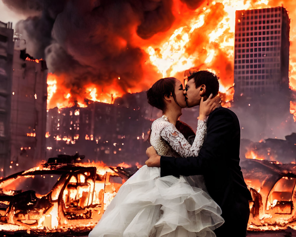 Passionate kiss amidst chaotic fires and destruction.
