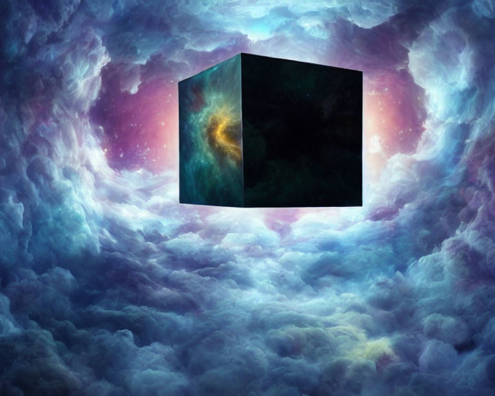 Surreal cosmic cube in vibrant nebula and starscape