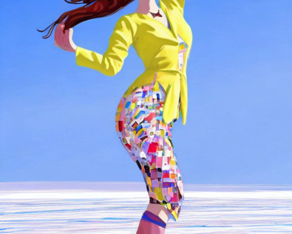 Colorful Woman Beach Illustration in Yellow Jacket and Mosaic Pants