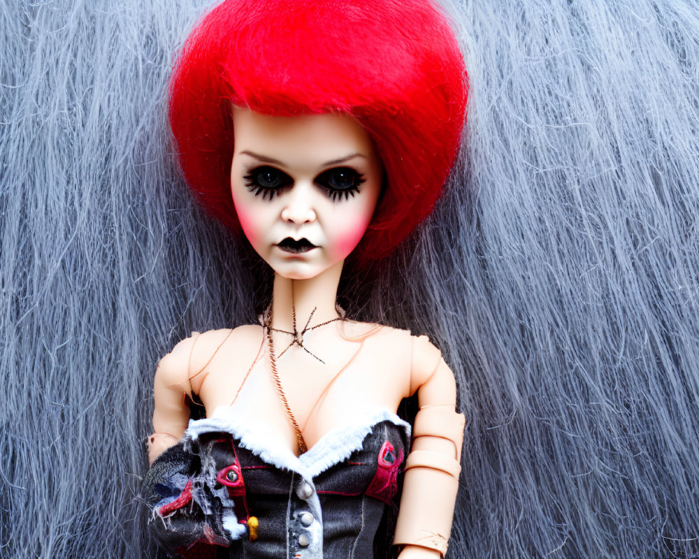 Red Bouffant Hairstyle Doll in Gothic Outfit Against Grey Fur Background