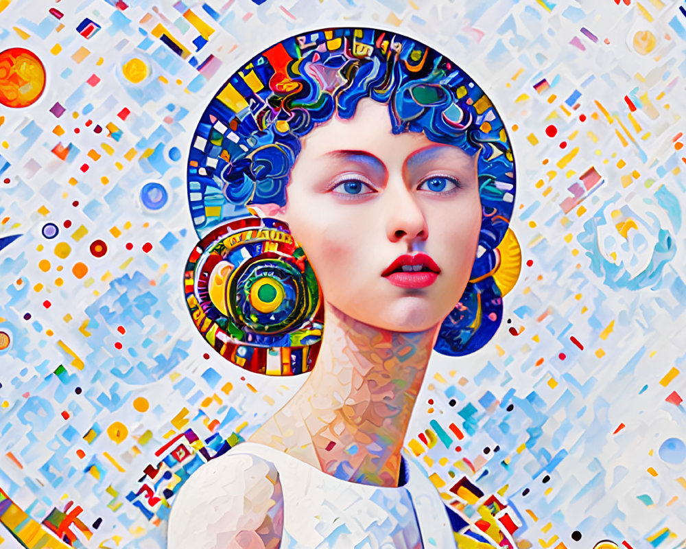 Colorful Abstract Artwork: Stylized Woman with Blue Hair in Celestial Setting