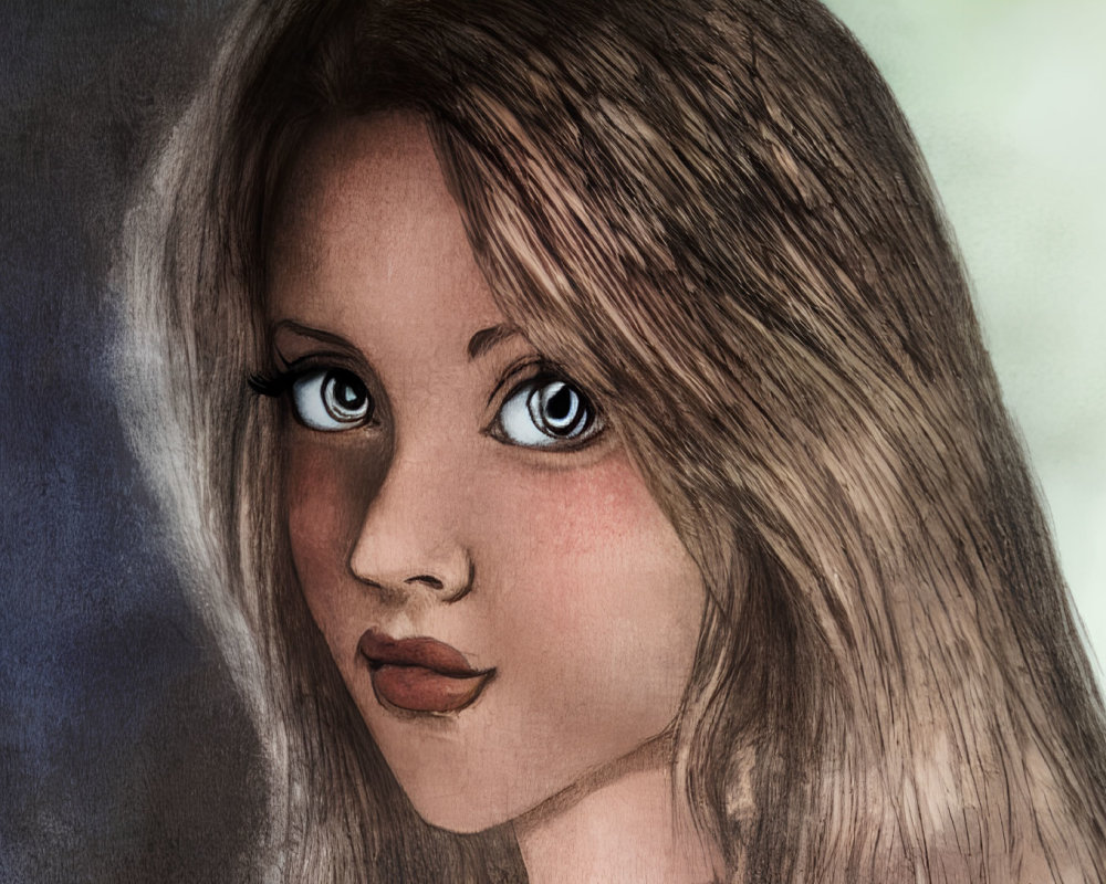 Woman with Striking Blue Eyes and Long Brown Hair Illustration