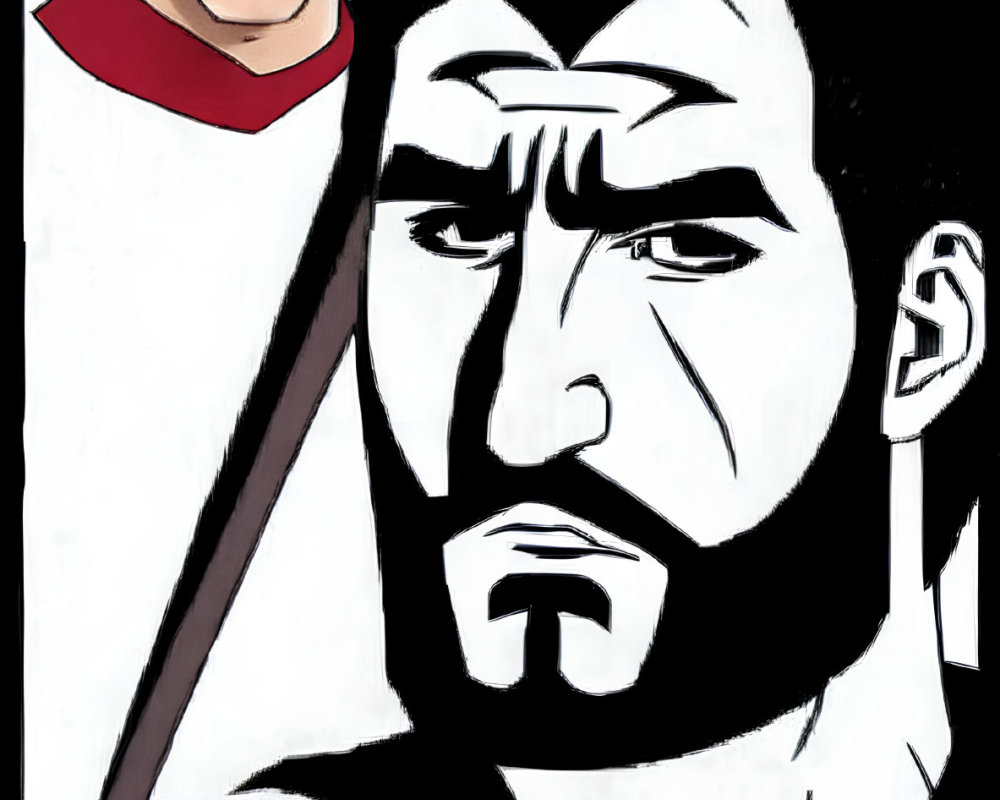 Stylized male characters with beard and sword in serious expressions