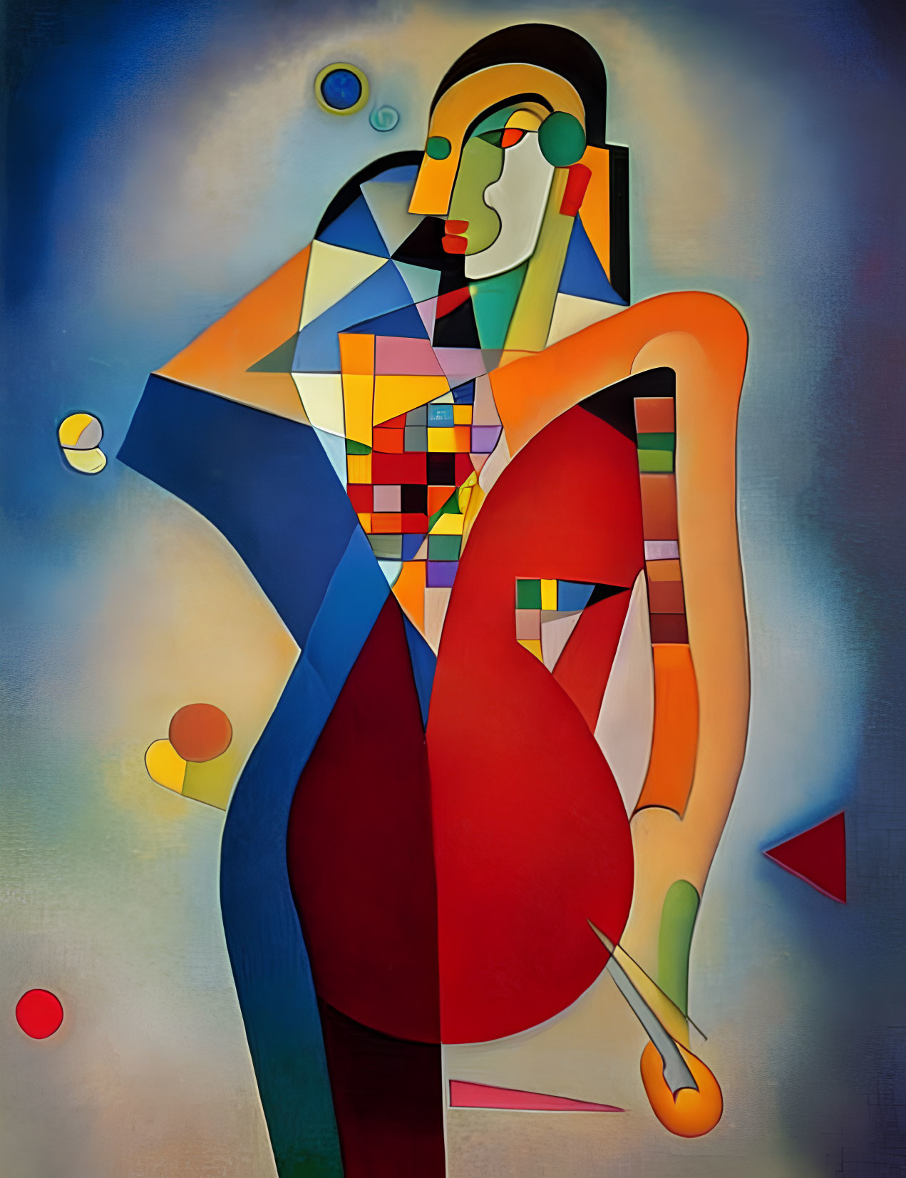 Colorful Cubist-style Abstract Painting of Female Figure with Geometric Shapes