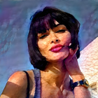 Colorful abstract portrait of a woman in sunglasses with surreal backdrop