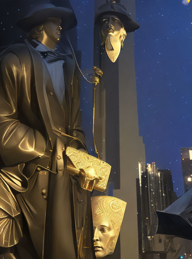 Elegantly dressed statues with celestial accessories under starry night sky