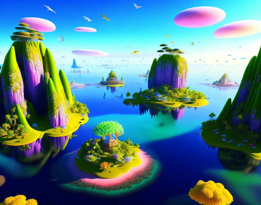 Surreal landscape with floating islands and exotic creatures