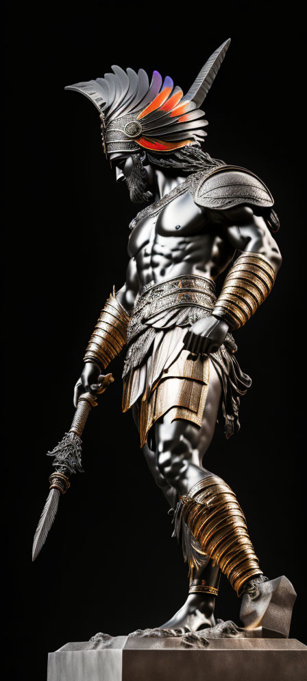 Warrior statue in ornate armor with spear on dark background