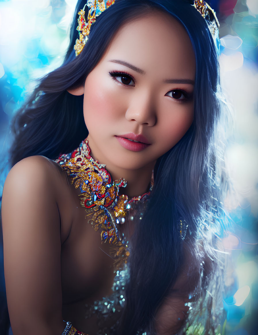 Woman with Striking Makeup and Jeweled Crown in Blue Light